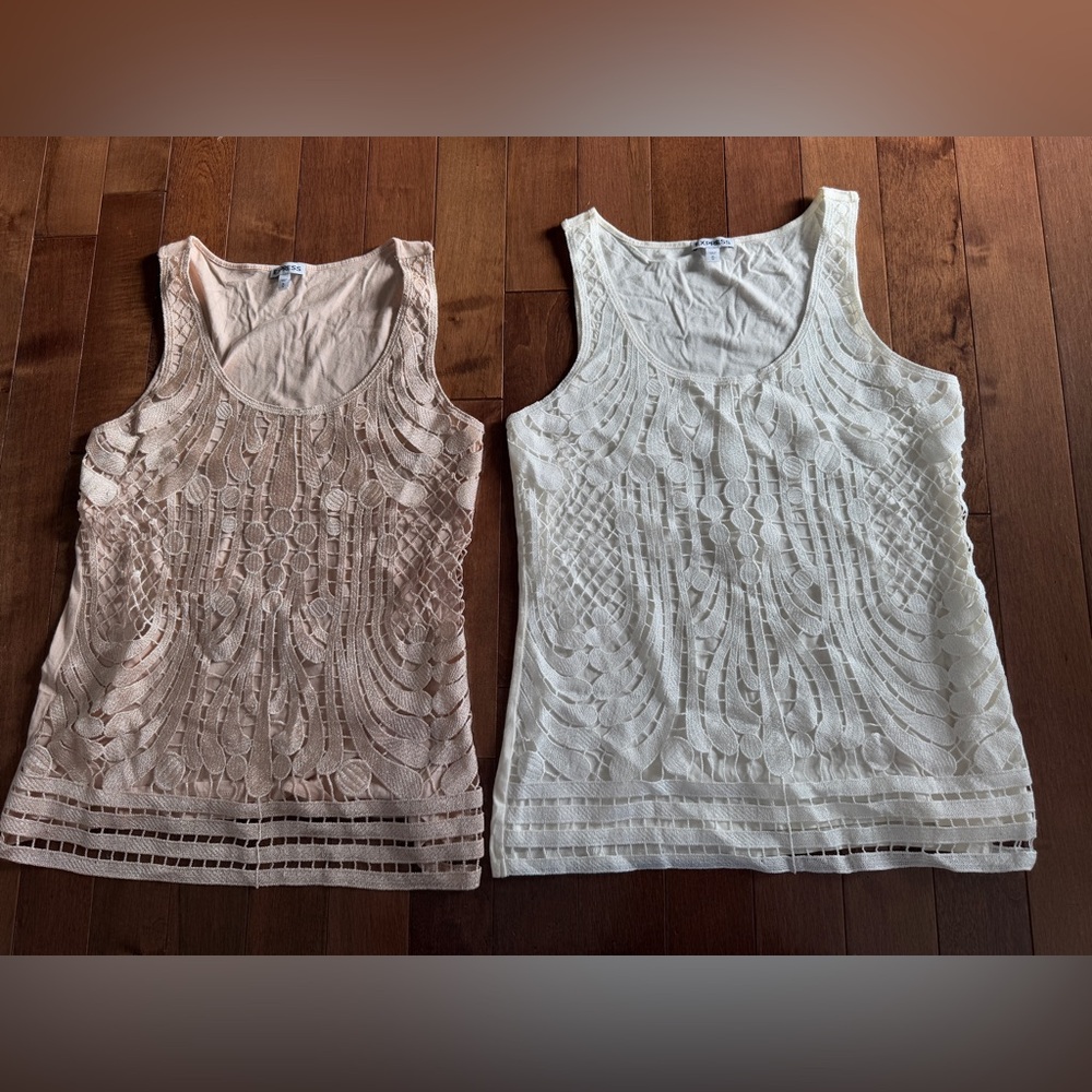 Express Bone Tan & White lace Overlay tank tops bundle of 2